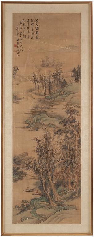 Rullmålning, färg och tusch på siden. Signerad Lan Meng (1644-1722), men senare, Qing dynastin.