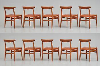 Hans J. Wegner, a set of 10 teak "W2" chairs, C M Madsen, Denmark, 1950's.