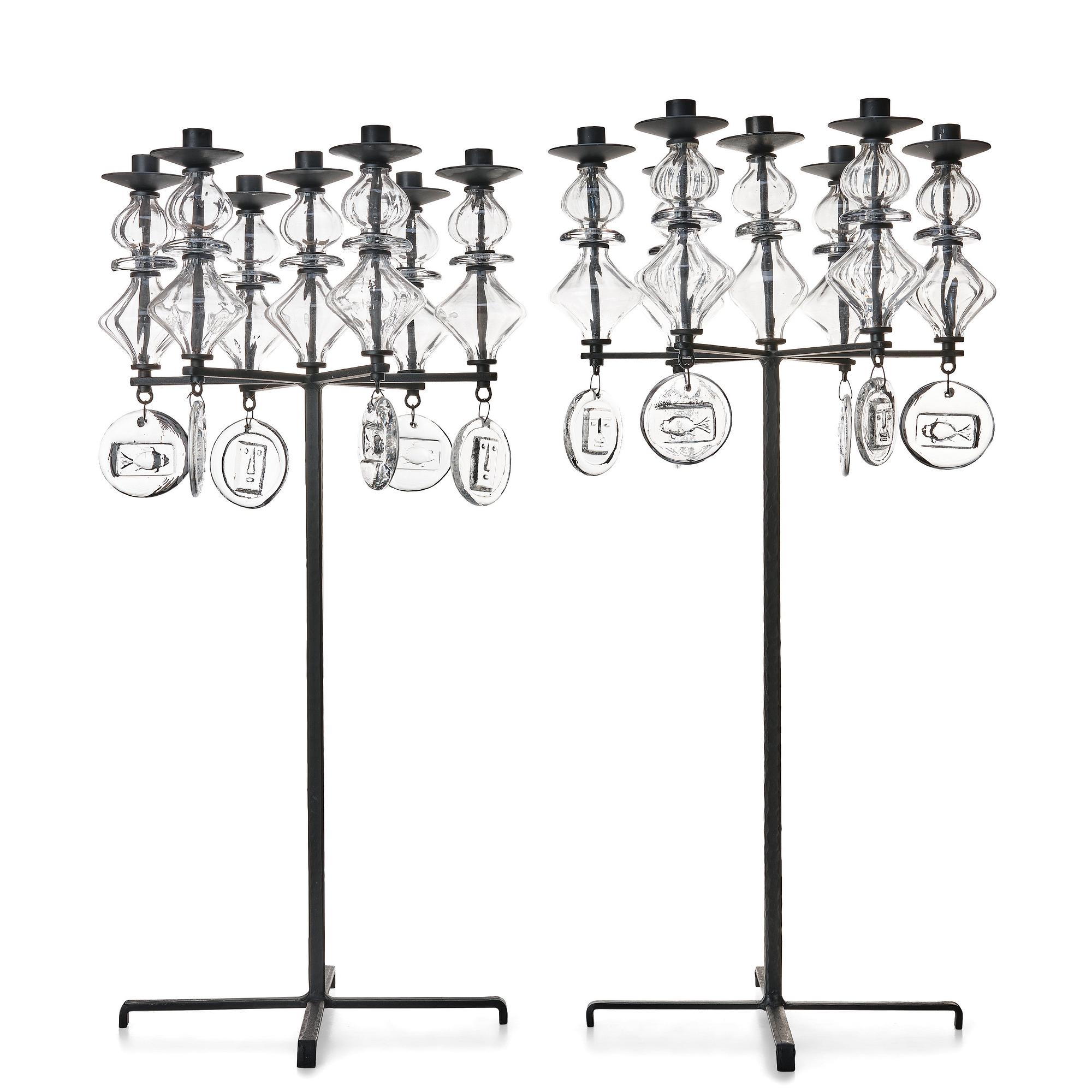 Erik Höglund, two wrought iron and glass candelabra, Boda Smide, Sweden.