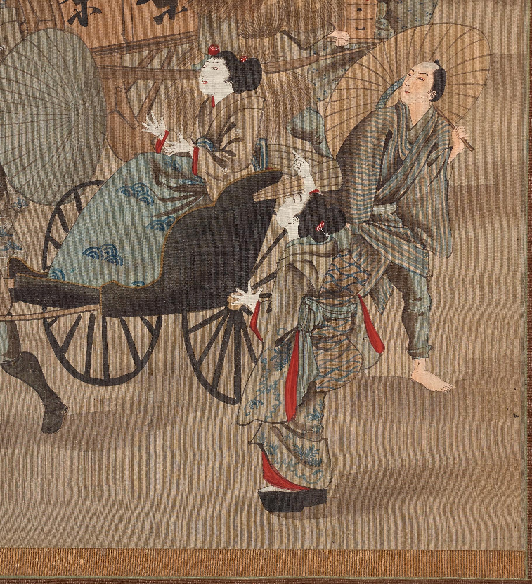 RULLMÅLNINGAR, sex stycken, tusch och färg på papper. Japan, Meiji (1868-1912).