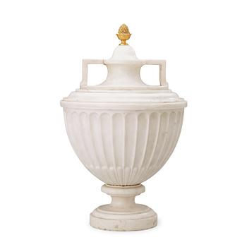 A late Gustavian circa 1800 white marble urn with cover.
