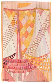 2. VÄVD TAPET. "Båtar". Gobelängvariant. 97 x 59 cm. Signerad AB MMF MR (AB Märta Måås-Fjetterström, Marianne Richter).