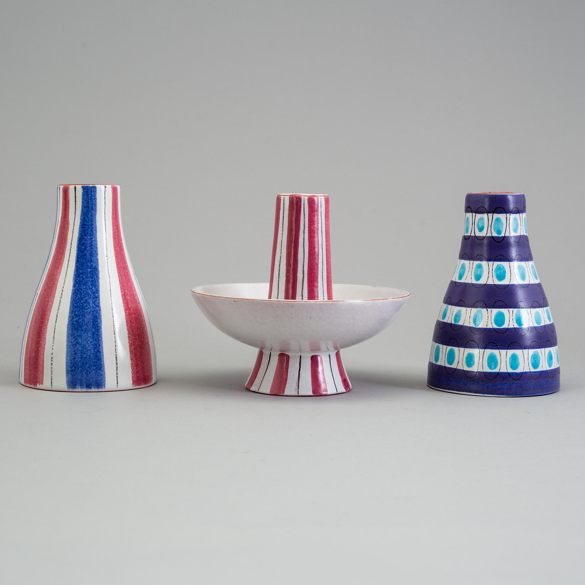 STIG LINDBERG, ljusstakar, 3 st, keramik, fajans 1940-tal, bl a fajansmålare Karin Gustavsson.