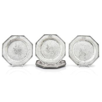 A set of six George II octagonal pewter plates by George Bacon of London mid 18th century.