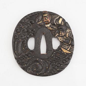 An iron and copper Tsuba, signed Goshu Hikone Ju, late Edo.