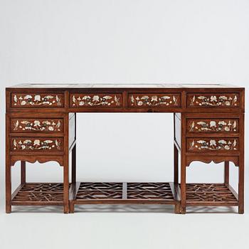 A Chinese writng desk with stone placques and mother of pearl inlay, late Qing dynasty.