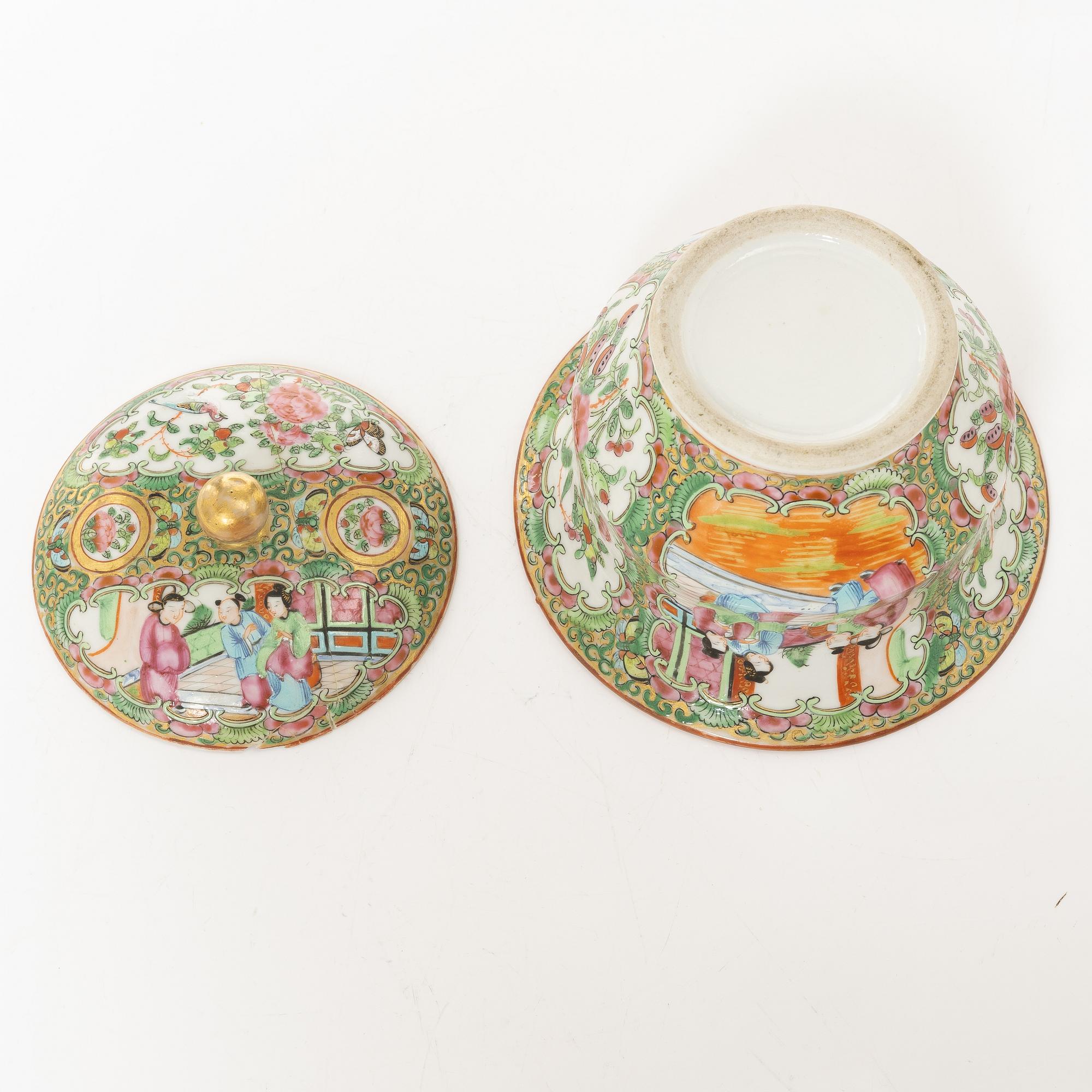 A Chinese Canton porcelain teapot, two leaf dishes, a bowl with cover and a jug, Qing dynasty 19th century and 20th cent.