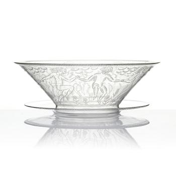 Edward Hald, an engraved glass bowl with plate, Orrefors, Sweden, 1926, model 305, engraved by Emil Goldmann.