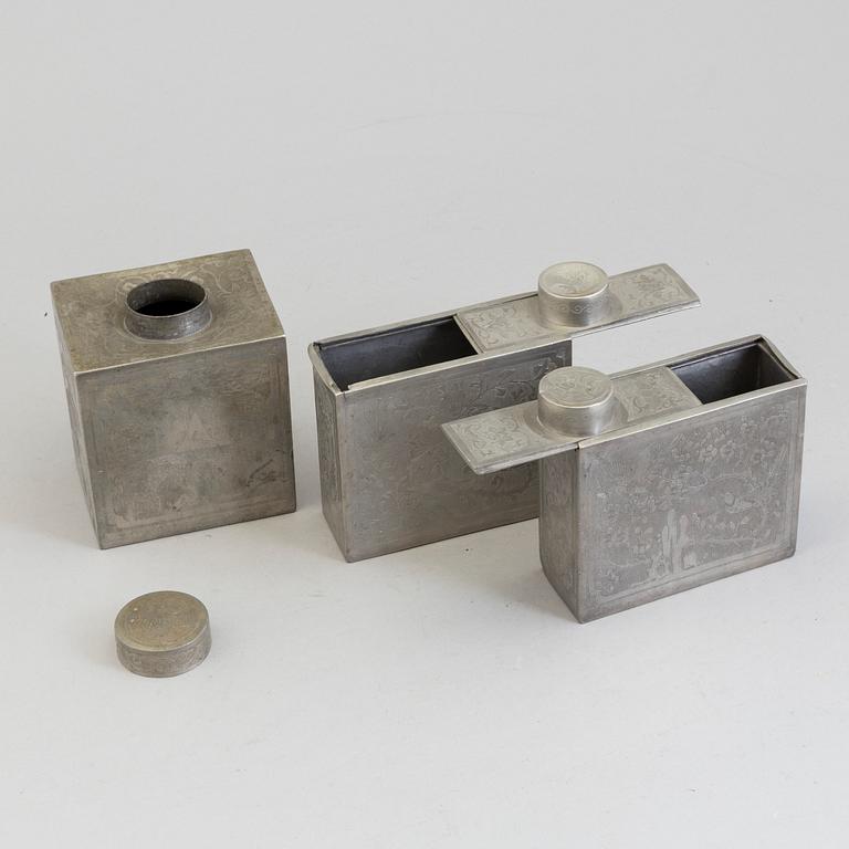 Three Chinese teacaddies in tin, Qing dynasty, 19th century.