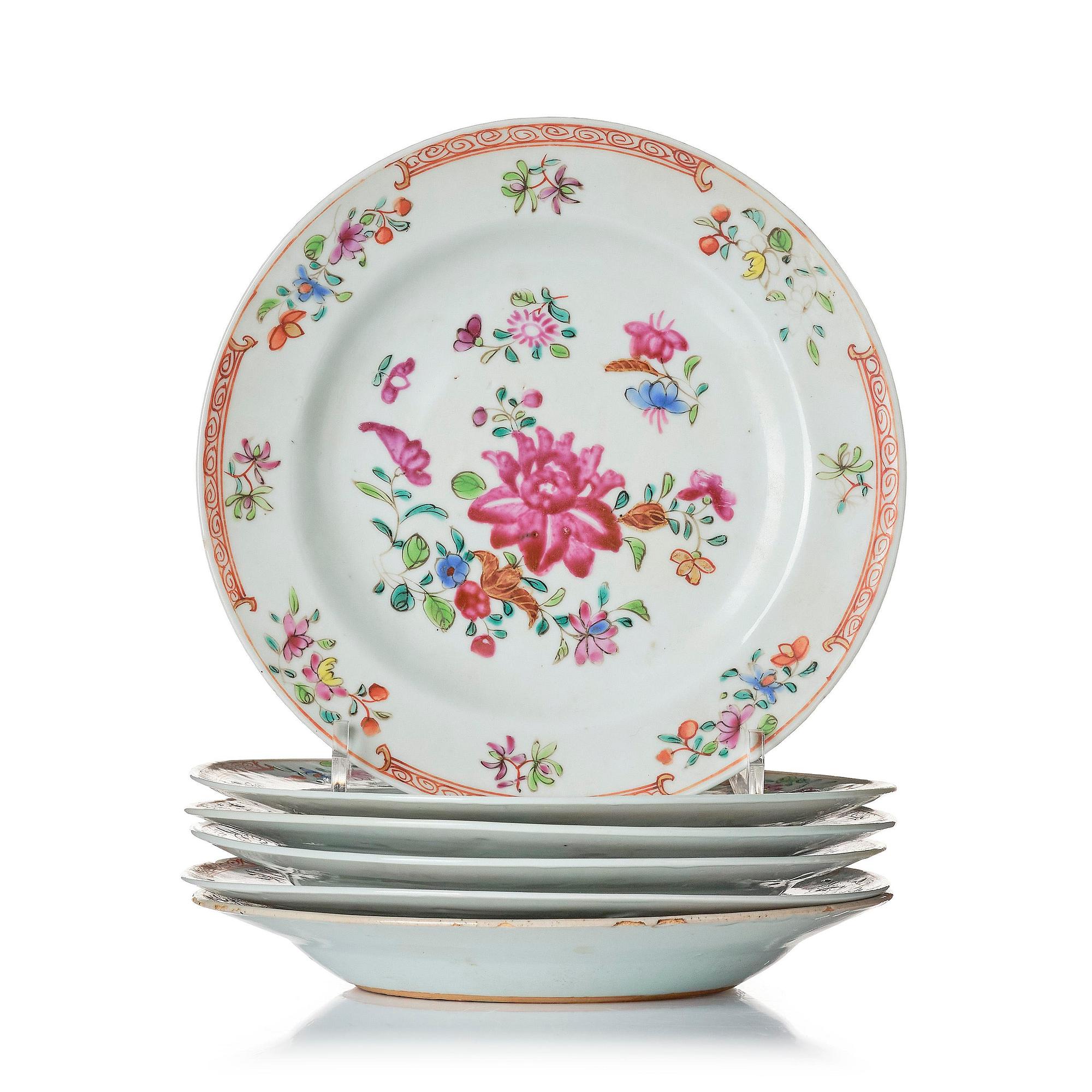 A set of six famille rose dessert dishes, Qing dynasty, Qianlong (1736-95).