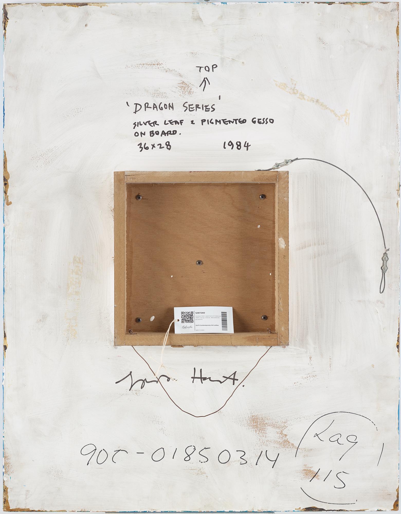 Gordon Hart, signed and dated 1984 on verso. Diptych. Gesso, silver leaf and metal leaf on panel.