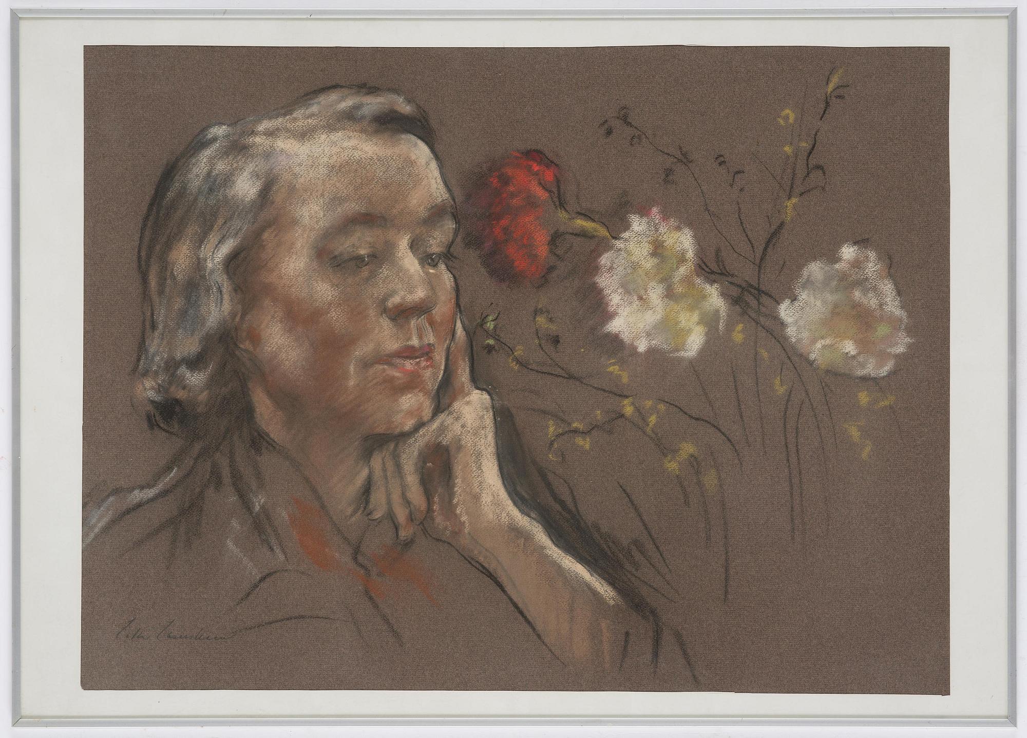 Lotte Laserstein, Woman's portrait with flowers.