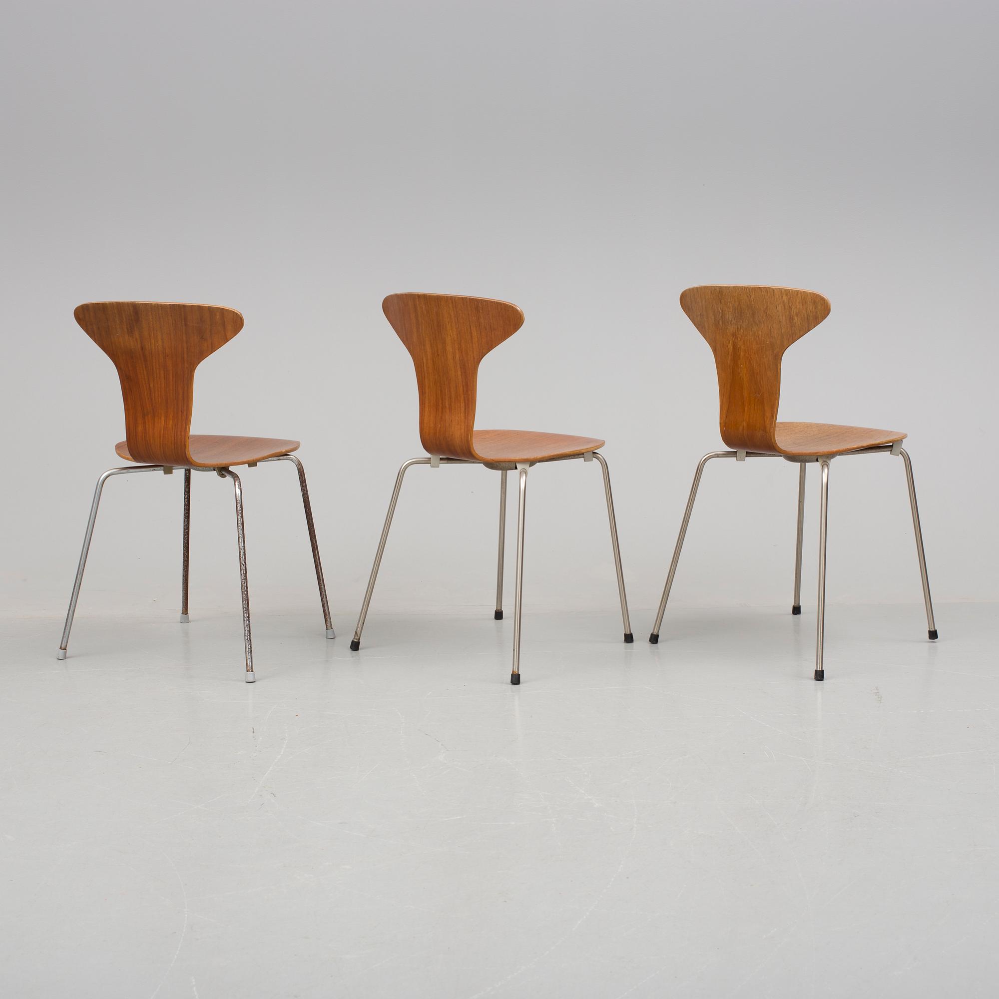 STOLAR, 3 st, "3105 / Munkegårdsstolen / Myggan", Arne Jacobsen, Fritz Hansen, Danmark, 1950-/60-tal.