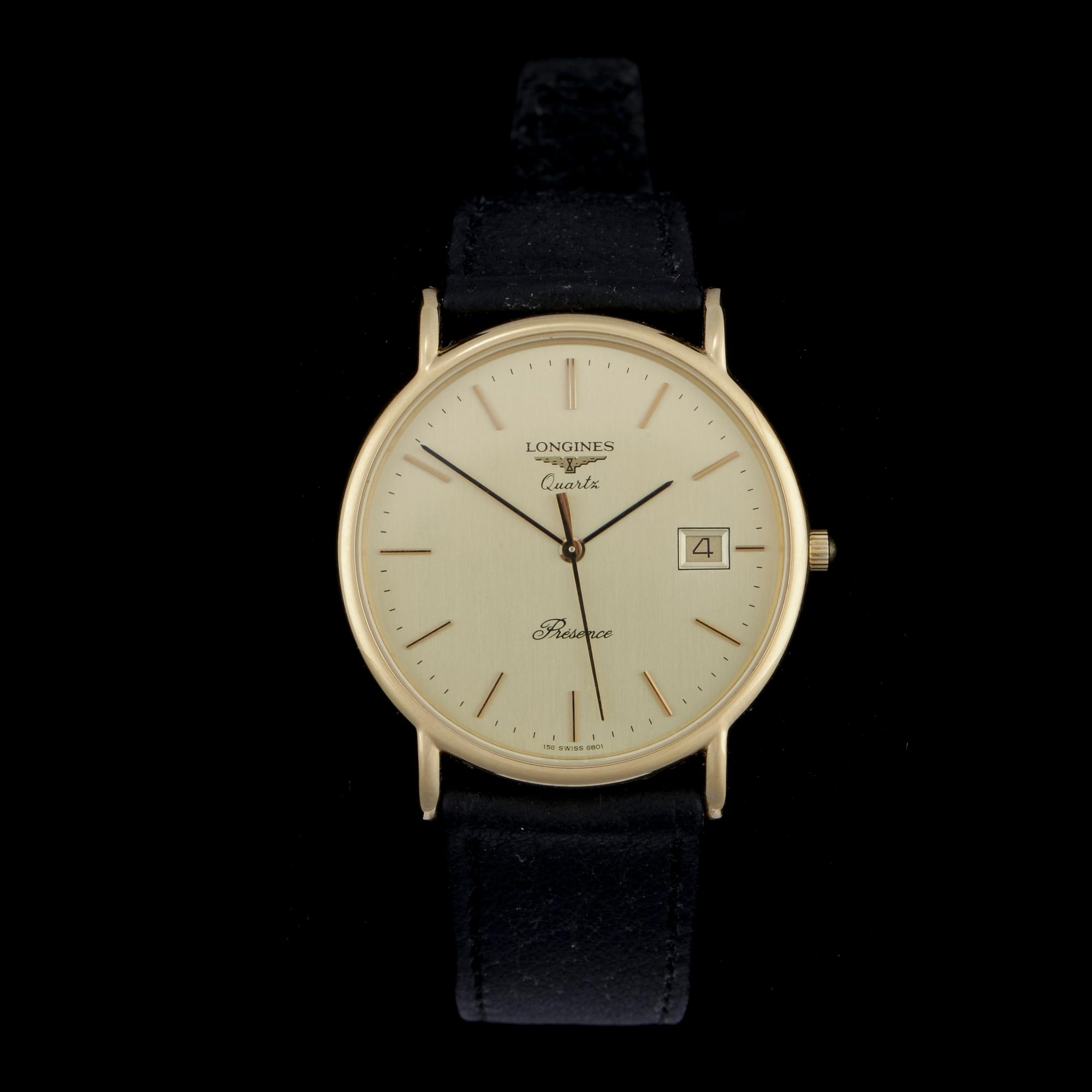 ARMBANDSUR, herr, guld, stålboett, Longines Quartz Prèsence, 1990-tal. Total vikt ca 23,55 gram.