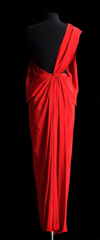 A 1970s red silk long dress by Lavin.