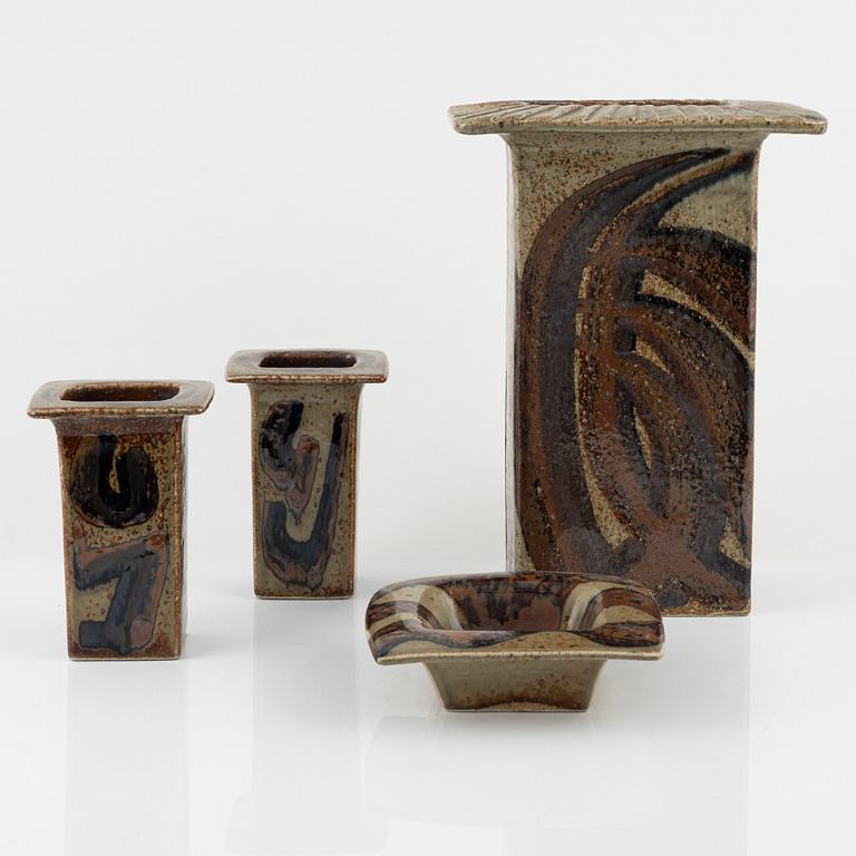 Bertil Lundgren, a group of three vases and a bowl / wall relief, Rörstrand.