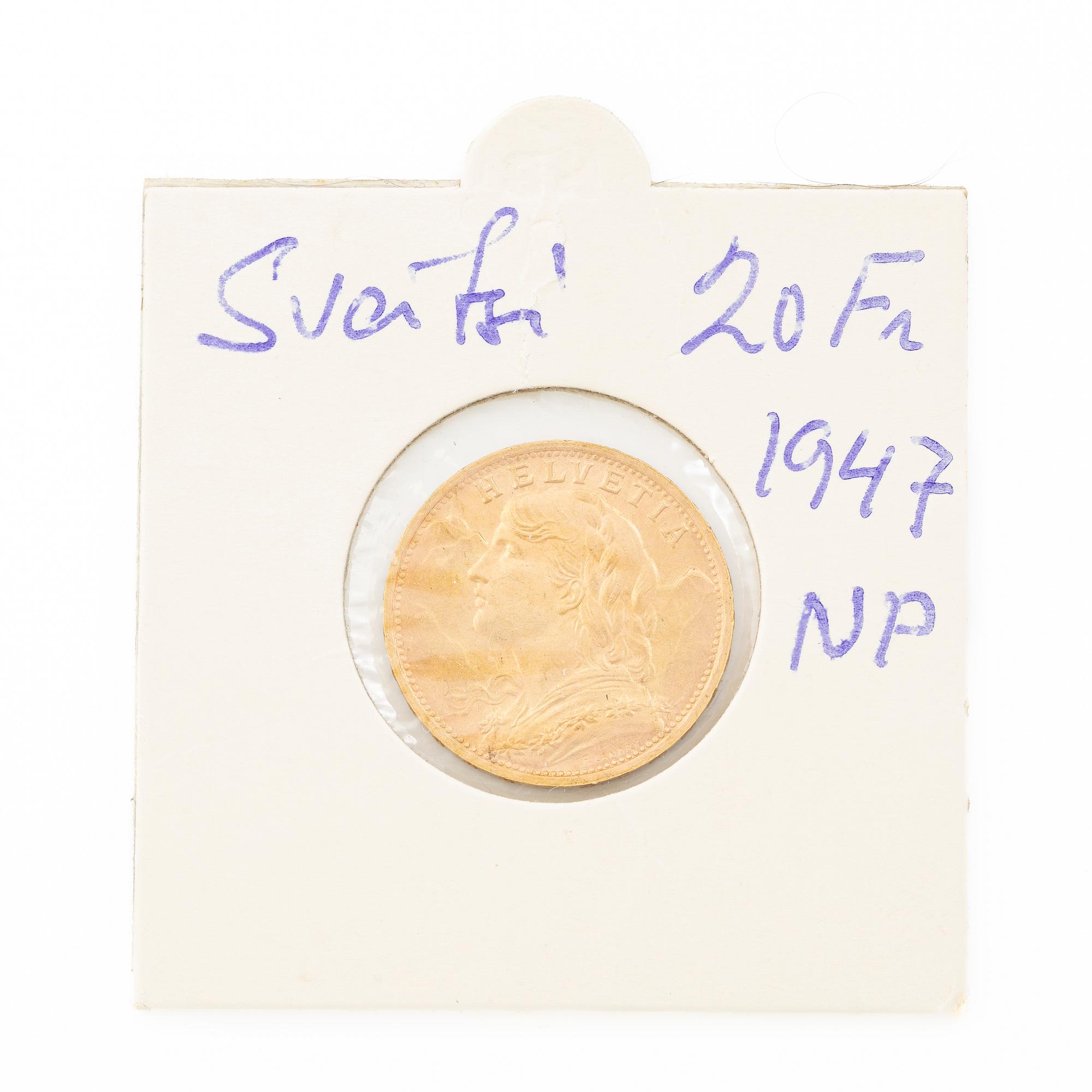 Gold coin, Switzerland, 20 Franc, 1947.