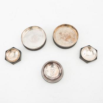 Salt cellars 1 pair and bottle coasters 3 pcs GAB Stockholm 1937, 1938 and 1955 silver and bakelite.