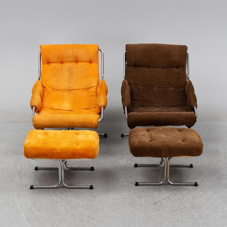 A pair of 1970's 'Luta' easy chairs and foot stools from Värnamo Sängkläder AB.