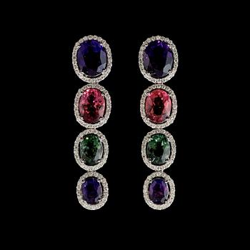 A pair of amethyst, tourmaline and diamond earrings.