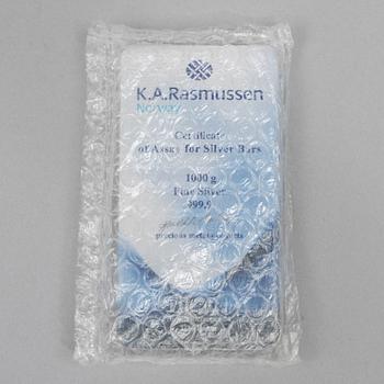 A silver bar, 1000 grams of fine silver, K.A. Rasmussen, Norway.