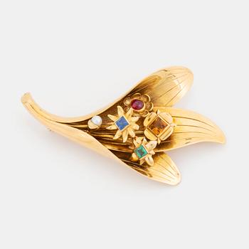 508. An 18K gold Borgila brooch set with coloured gemstones and a pearl.