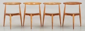 STOLAR, 4 st, "Hjertestolen" Hans J Wegner, Fritz Hansen, Danmark, 1950-tal.