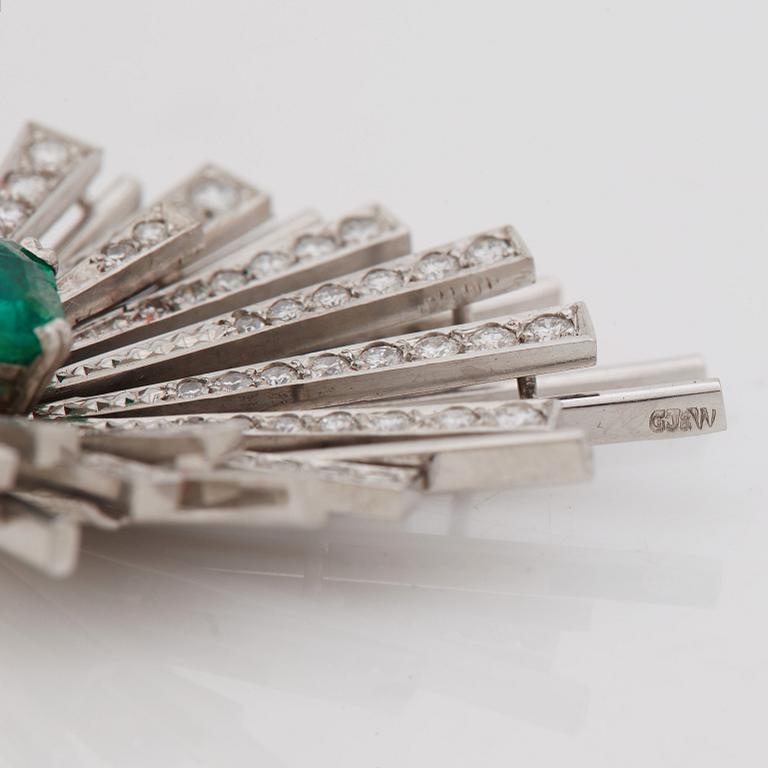 A emerald cut emerald, brilliant- and single cut diamond pendant.