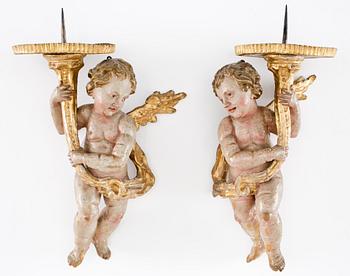 VÄGGLJUSSTAKAR, ett par, trä, barock 1600/1700-tal.