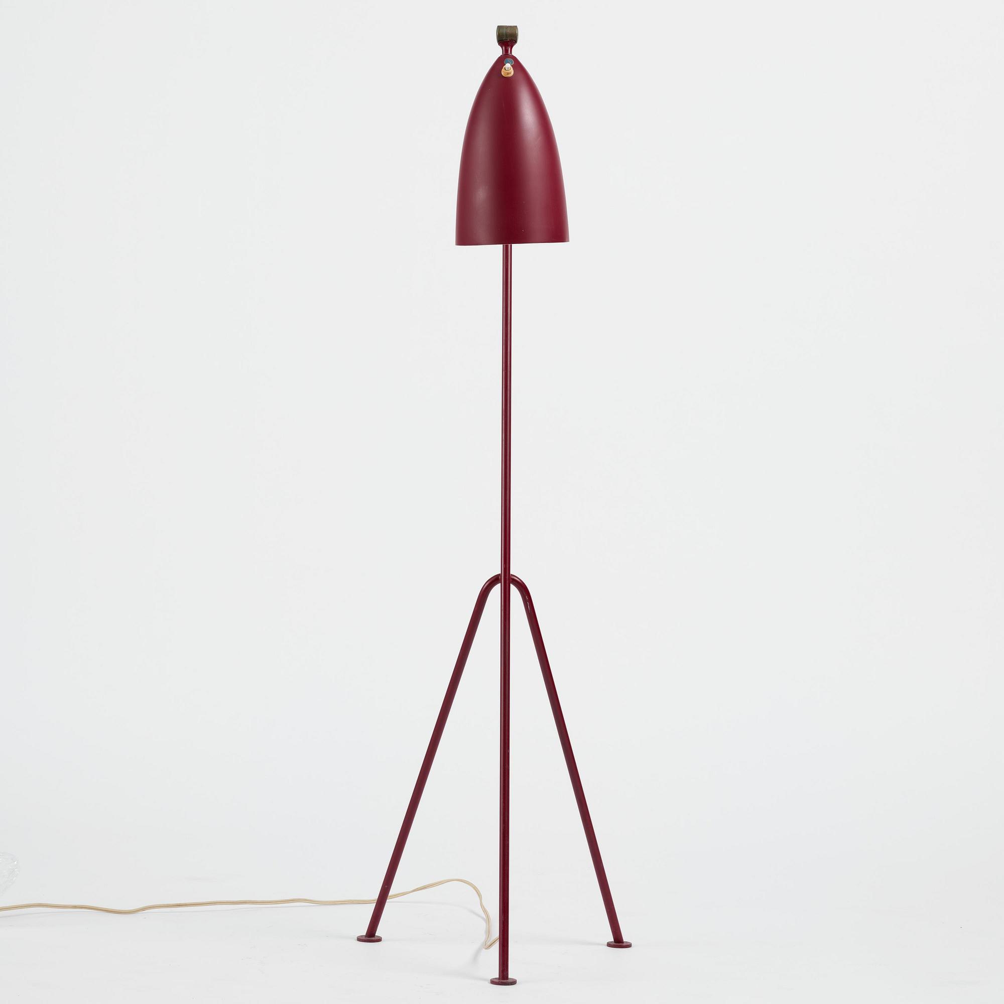 Greta Magnusson Grossman, a burgundy red "Grasshopper" floor lamp model "G-33", Bergboms, Malmö, 1950s.