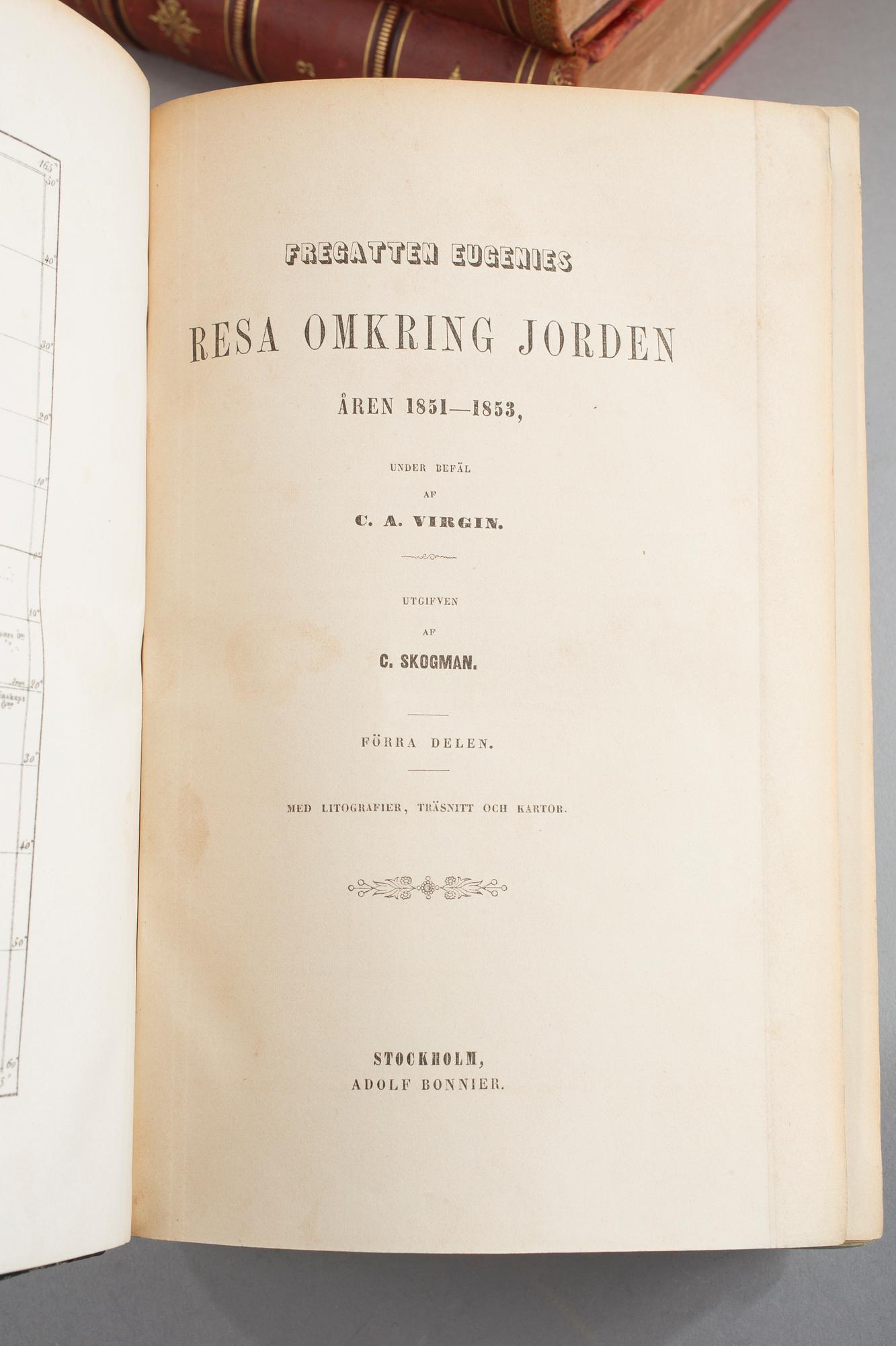 BOKPARTI OM UPPTÄCKTSRESOR, 5 vol, bla Vegas färd kring Asien och Europa, I-II, av A.E. Nordenskiöld, Stockholm 1880-81.
