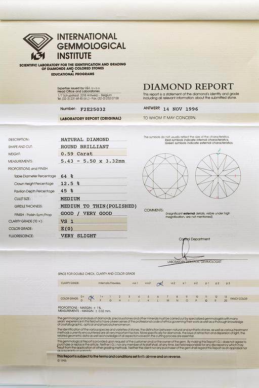 Briljant 0,59 ct E VS1, IGI certifikat F2E25032, 1996.