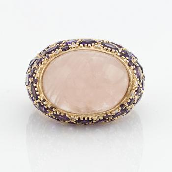 Ring, cocktail ring with cabochon-cut rose quartz, amethysts, and small diamonds.
