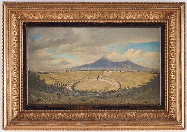 "Amphitheatret i Pompei med Vesuv i Baggrunden".