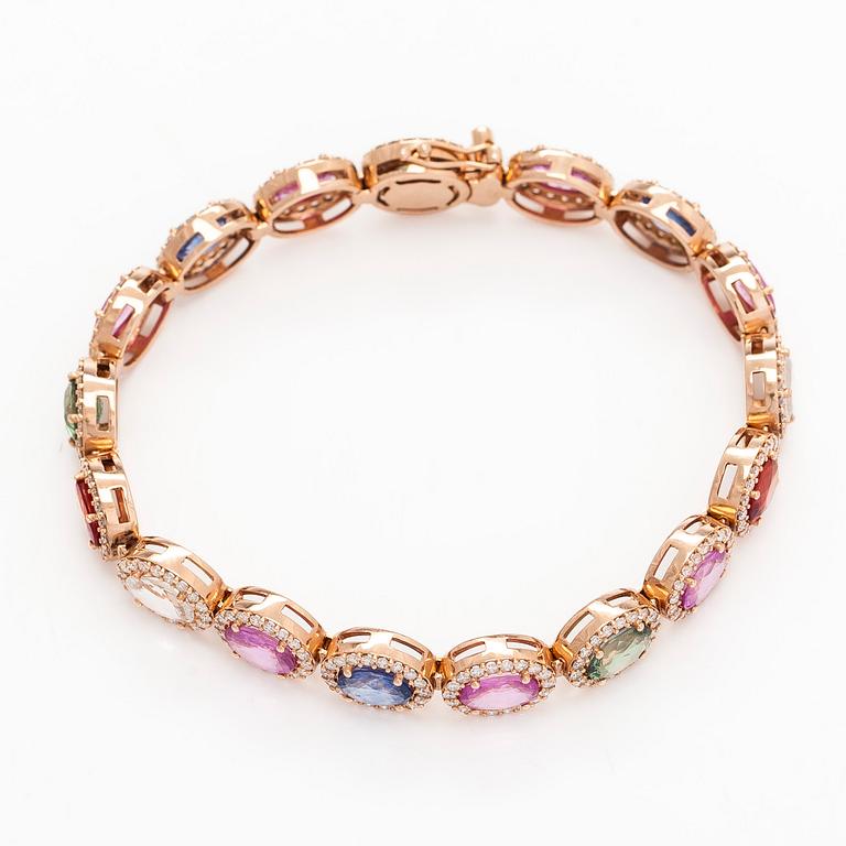 A multi colour sapphire and diamond bracelet in 14K rosegold.