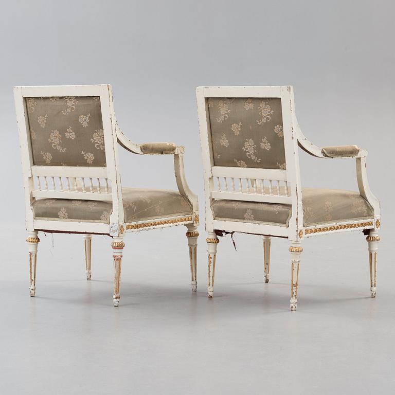 A pair of Gustavian late 18th century armchairs by Johan Lindgren, master 1770.