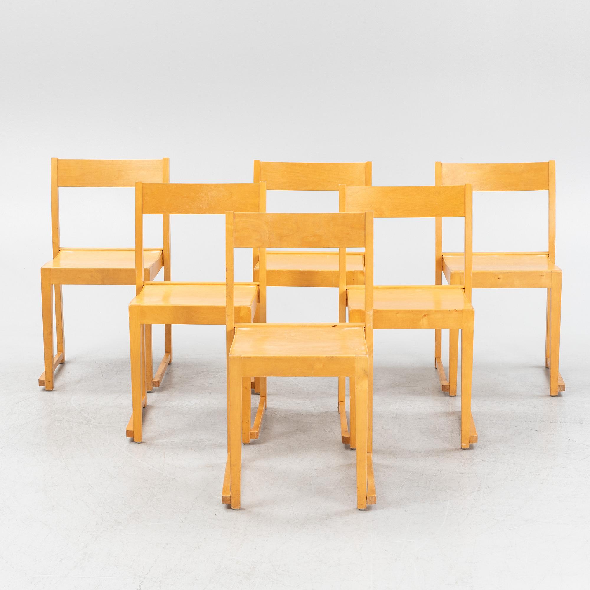 Sven Markelius, a set of six birch 'Orkesterstolen' chairs, mid 20th Century.