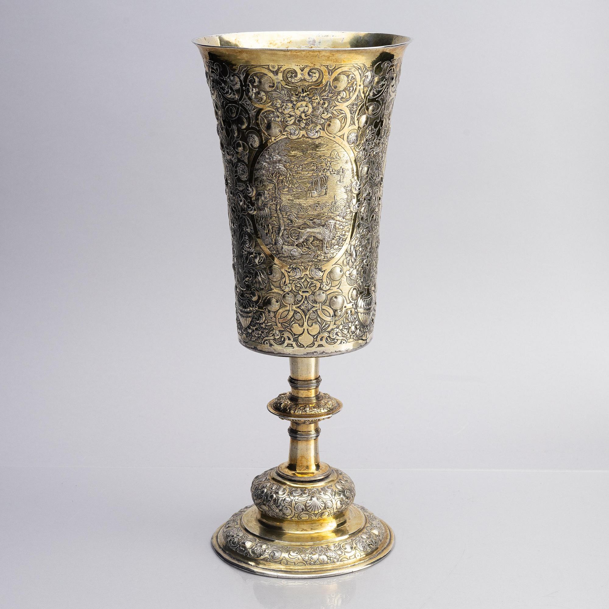 A partially gilded silver chalice, historicism, 19th century, baroque style, fantasy marks.