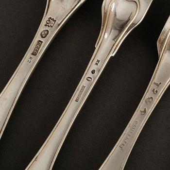 5 silver forks, among others Jonas Elg Västerås 1792. One with Posse family crest.