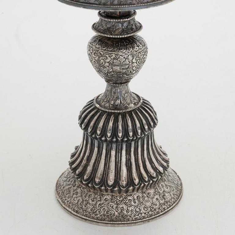 Two silver butter lamps, Tibet, 19th century.