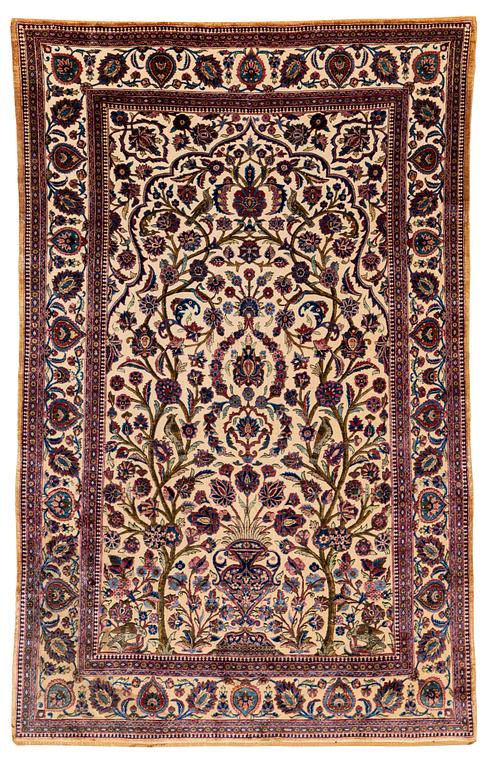 A rug, semi-antique, silk Kashan relief (souf), ca 196 x 129.5 cm (as well as 1,5 cm flat weave at one end).