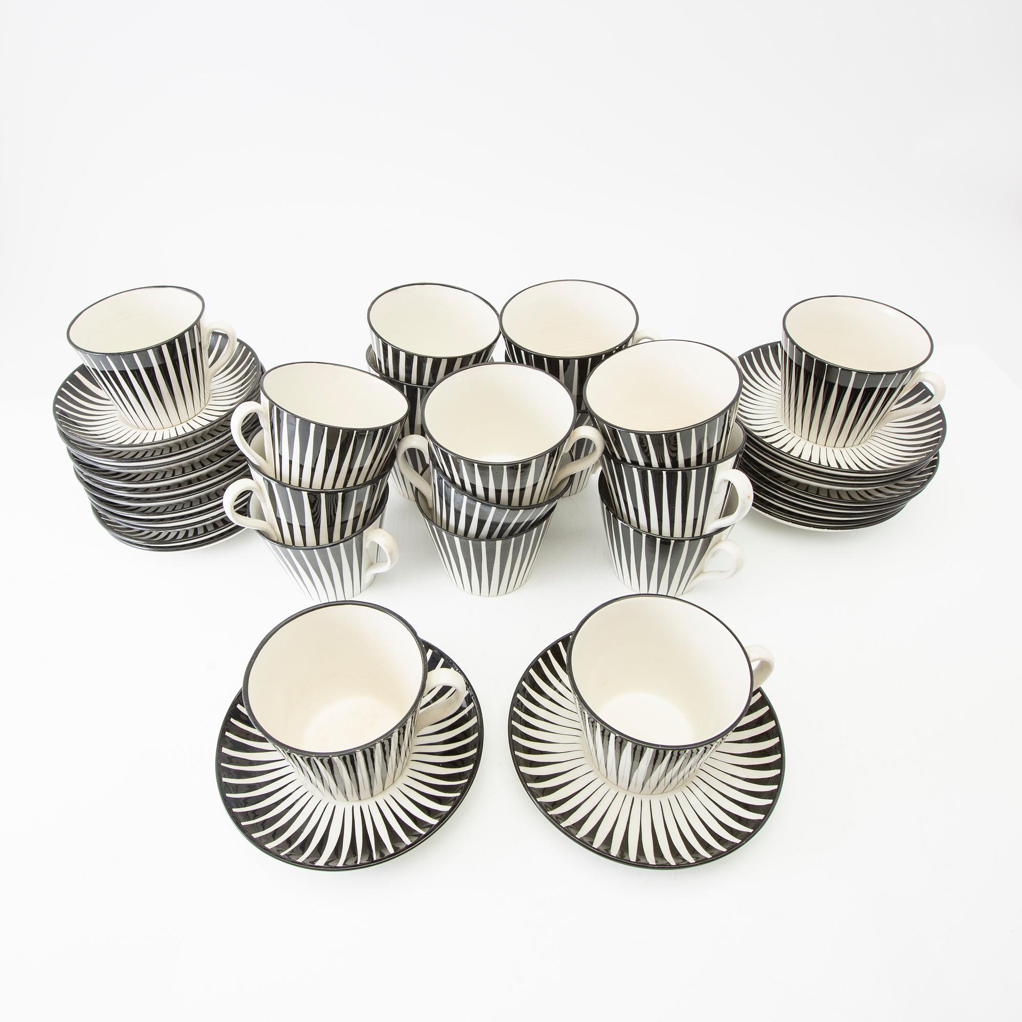 Eugen Trost, tekoppar 19 st "Zebra" Uppsala Ekeby/Gefle flintgods 1900-talets andra hälft.