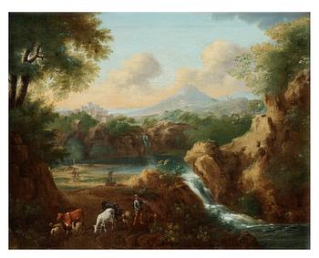 428. Jan Dirksz Both, Pastoralt landskap med figurer och kreatur vid ett vattenfall.