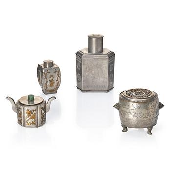 1224. A group of Chinese pewter wares, Qing dynasty. (4 pieces).