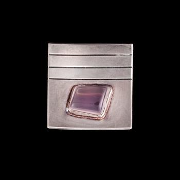 BROSCH / HÄNGE, silver, rosenkvarts. Kaunis Koru Heikki Kaksonen 1964.