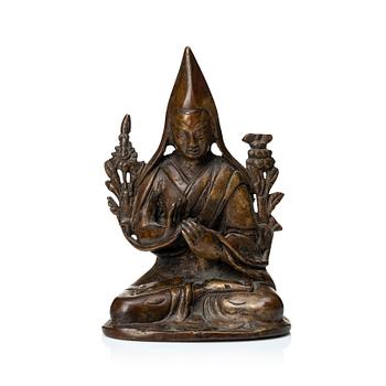 A Nepalese copper alloy figure of Tsongkapa, 20th Century.