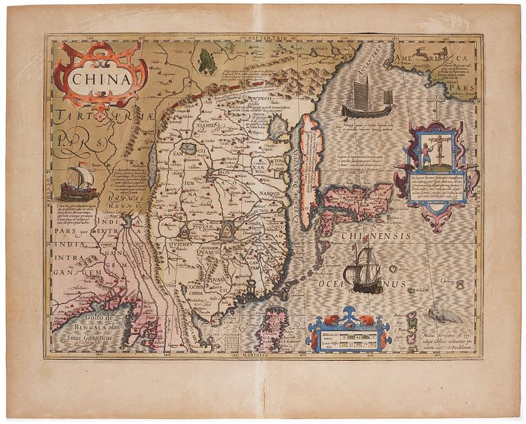 Map of China, after an original from 1606, by Jodocus Hondius.