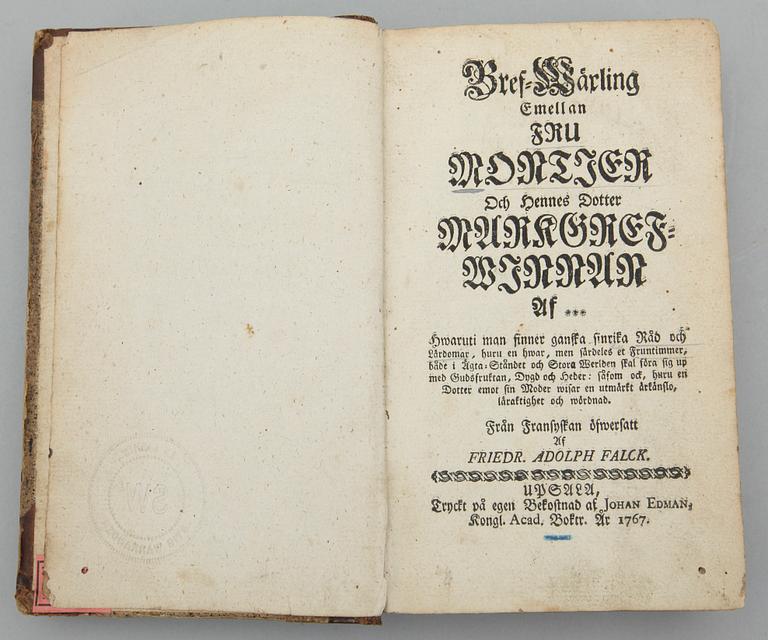 BOKPARTI, 3 volymer. Bl a "Bref-wäxling emellan fru Montier och..."av Marie le Prince de Beaumont, Upsala 1767.