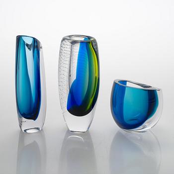 Göran Wärff, three art glasses signed G.Wärff Kosta Boda.