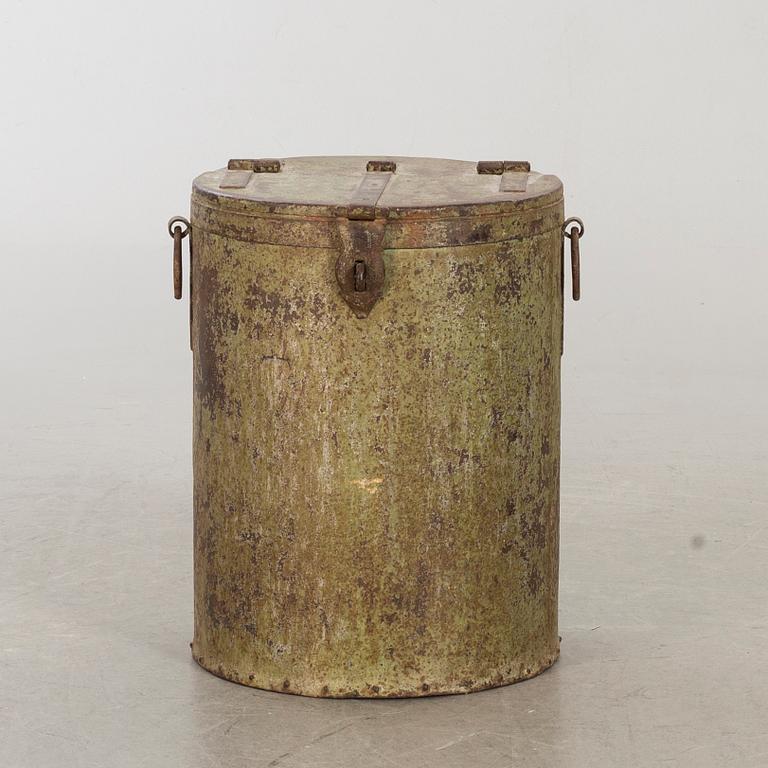 A 20th century metal barrel.